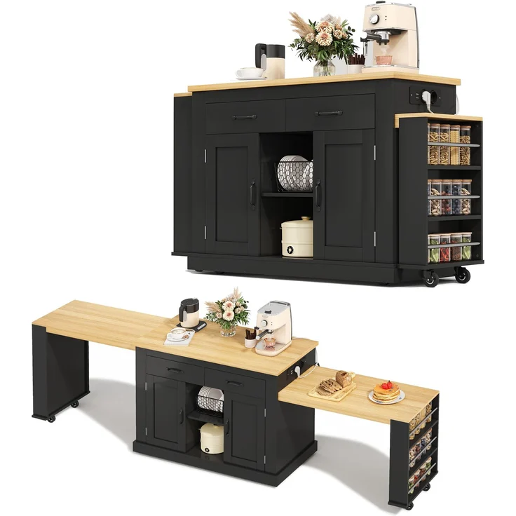 Merax 340cm Kücheninsel mit zwei ausziehbaren Arbeitsflächen,stilvolle mobile Insel,verstellbare Regalböden,2x220V-Steckdosen,2xUSB-Anschlüsse, Schwarz – Bild 10
