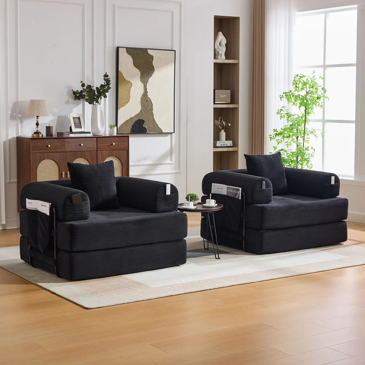 LVHOM 3-in-1 Schlafsessel, Klappsofa mit Schlaffunktion, Einzelschlafsofa mit Seitentaschen und Kissen, Polstersofa aus Cordstoff, frei Kombination, Schwarz – Bild 10