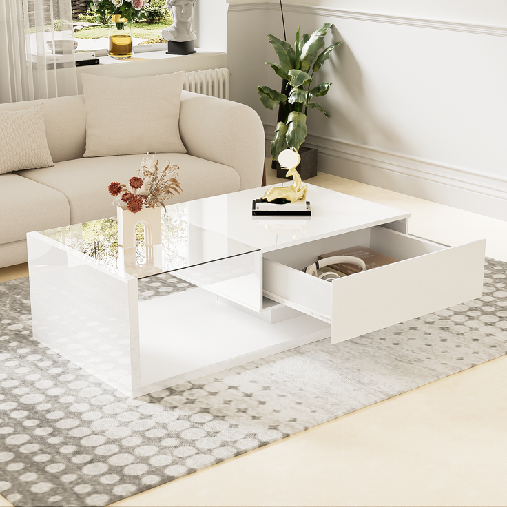 Couchtisch mit LED-Beleuchtung, Wohnzimmertisch 105×55 cm mit Glasplatte und Ablagefach, Weiß Hochglanz