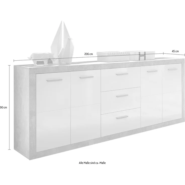HBZ Sideboard Stone weiß Hochglanz, Wohnzimmerschrank BxHxT 206x90x45 cm (1 St), Mit 4 Türen, 3 geräumigen Schubkästen, 2 Einlegeböden verstellbar – Bild 3