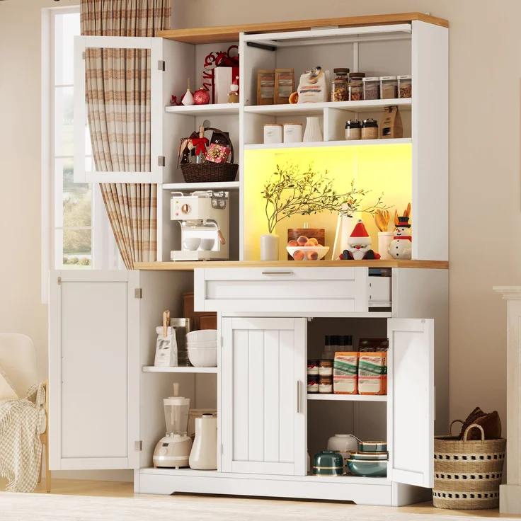 Küchenschrank, Hochschrank / Vitrine mit LED-Beleuchtung, 104x40x180 cm, weiß/schwarz, für Küche & Wohnzimmer--Weiß--104x40x180cm--YOUDENOVA – Bild 4
