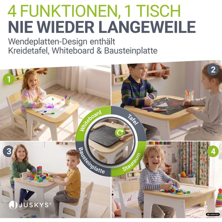 Juskys 'Milou' Kindersitzgruppe mit 2 Stühlen, 1 Tisch & Stauraum, Holz weiß – Bild 2