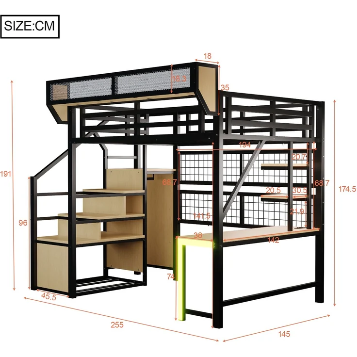 Merax Hochbett 140 × 200 cm, Kinderbett Jugendbett, Mit Schreibtisch, Regal und Aufbewahrungsnetz, Komplett Mit Sicherheitsleiter, LED-Beleuchtung und Steckdose, Erhöhtem Geländer, Schwarz – Bild 4