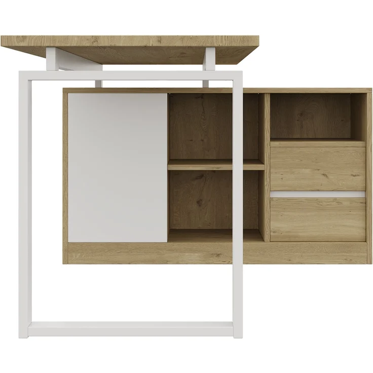 Flieks L-förmiger Schreibtisch 152x113.5x76 cm, Bürotisch mit 2 Schubladen, 3 offenen Regalen & 1 Schrank, Naturholzfarbe & Weiß – Bild 8