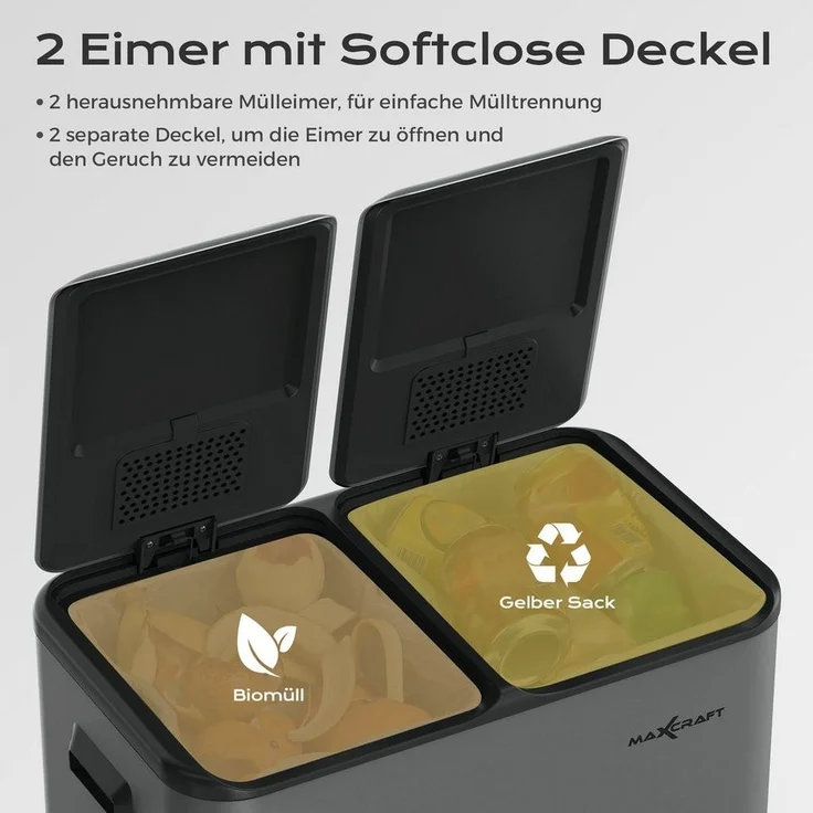 MAXCRAFT Mülleimer / Treteimer mit Soft Close Deckel und 2 Inneneimern - 60 Liter in Anthrazit – Bild 2