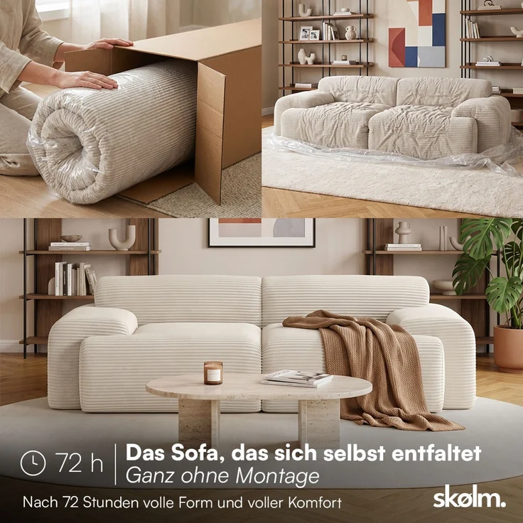skølm 'Menja' Cloud Sofa 2-tlg, 2er Sitz mit 2 Kissen, Cord beige, Vollschaumcouch mit Federkern und Vakuum-Kompression, kein Aufbau erforderlich – Bild 3