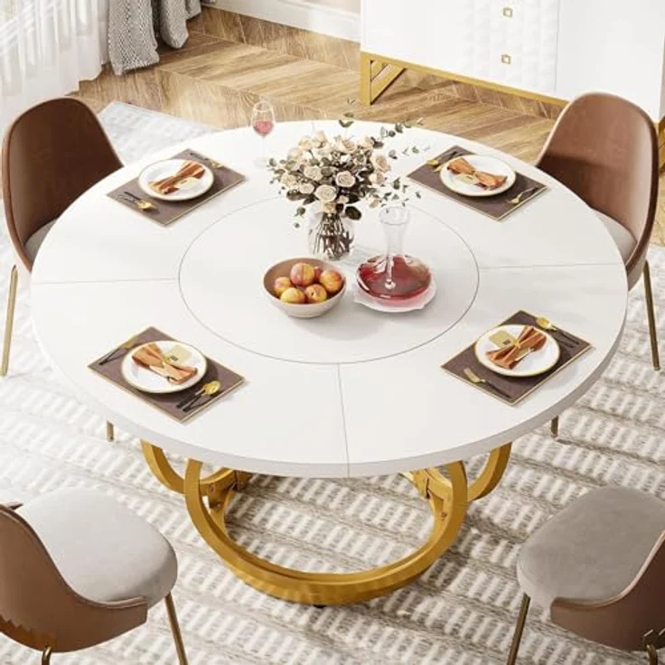 LITTLE TREE Esstisch Rund, moderner 120cm Küchentisch für 4-6 Personen, Couchtisch Beistelltisch mit 2 Ebenen & Metallrahmen für Wohnzimmer, Esszimmer und Küche, Weiß/Gold – Bild 3