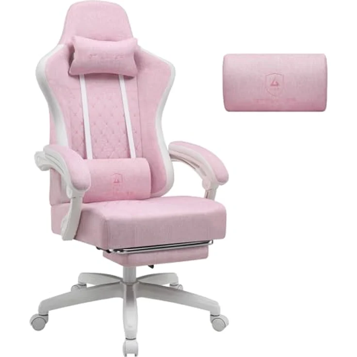 GTPLAYER Gaming Stuhl Stoff, Gaming Sessel mit Taschenfederkissen, ergonomischer Drehstuhl, Gamer Stuhl mit Fußstütze150 kg Belastbarkeit, pink-weiß – Bild 2