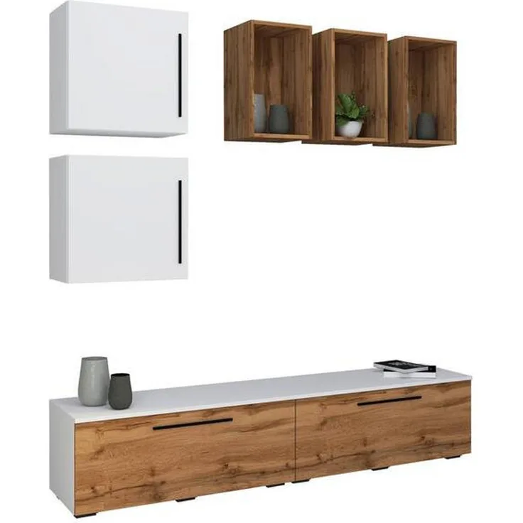 MID.YOU Wohnwand, Weiß/Honigeiche, Kunststoff, 1x Oberfach, 2x Glastüren, 2x Schubladen, 190x200x40 cm, Made in EU, verschiedene Holzdekore verfügbar