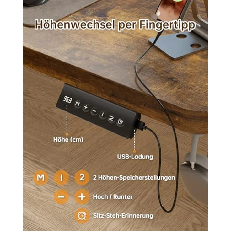 JUMMICO Höhenverstellbarer Elektrischer Schreibtisch 180x80 cm mit USB Ladeanschluss, Schreibtisch Höhenverstellbar, Ergonomischer Steh-Sitz Tisch Braun – Bild 5