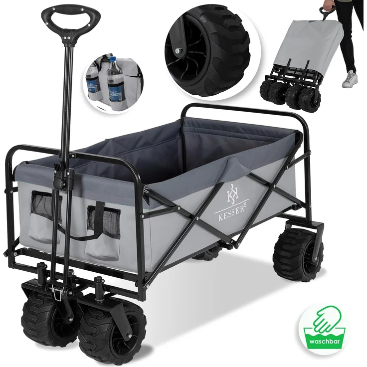 KESSER® Bollerwagen faltbar mit Breite Reifen Handwagen Transportkarre Gerätewagen | inkl. 2 Netztaschen | klappbar | Kunststoff-Reifen | bis 150 kg Tragkraft transportwagen Gartenanhänger Grau – Bild 1