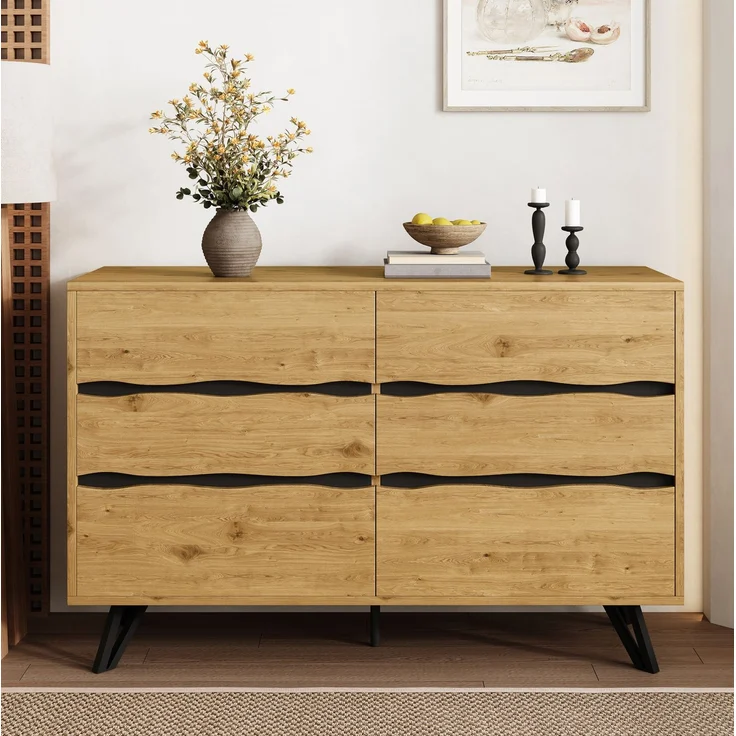 DESVIAE Sideboard mit 6 Schubladen 120x75,5x40 cm aus Spanplatte in Holzfarbe – Bild 5