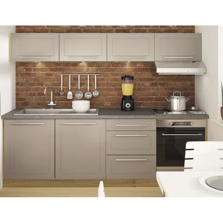 Singelküche KVANTUM Küchenzeile 240cm eiche artisan Fronten MDF beige matt Teilauszug