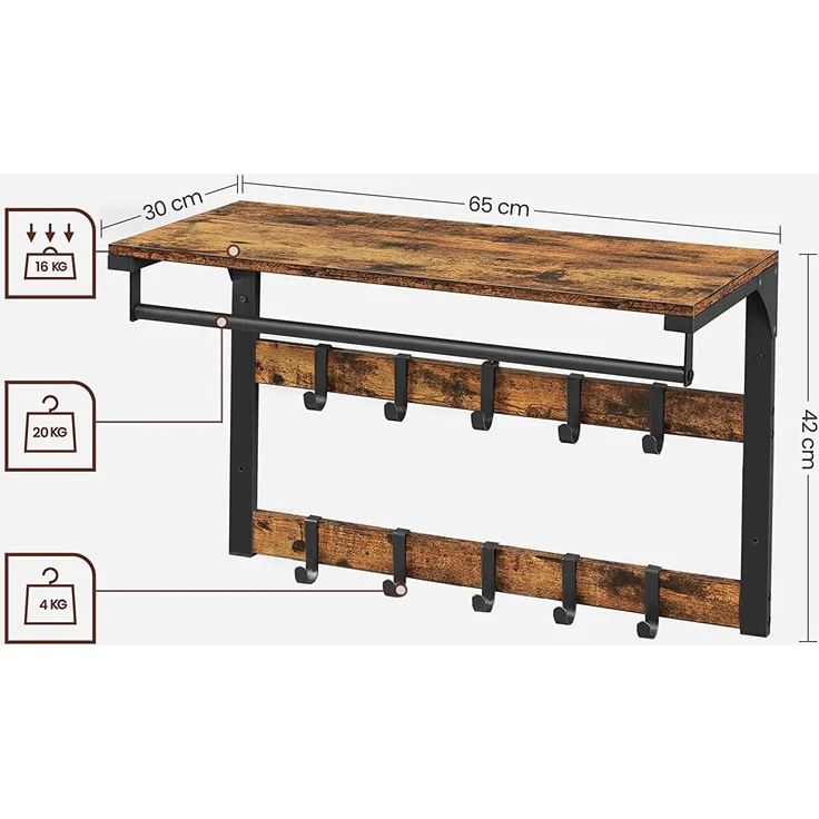 Vasagle Wandgarderobe, Schuhbank, Wandregal mit Ablage und 10 Haken, Schuhregal mit 3 Ebenen, Aufbewahrung, Metallgestell, für Flur, Eingangsbereich, Industrie-Design, vintagebraun-schwarz – Bild 5