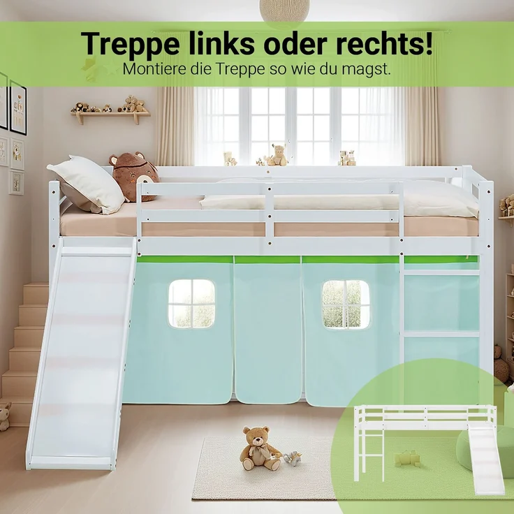 Hochbett Kinder 90x200 cm mit Rutsche Kinderbett Kinderhochbett Stockbett Vorhang Grün Leiter Holz Massiv – Bild 6