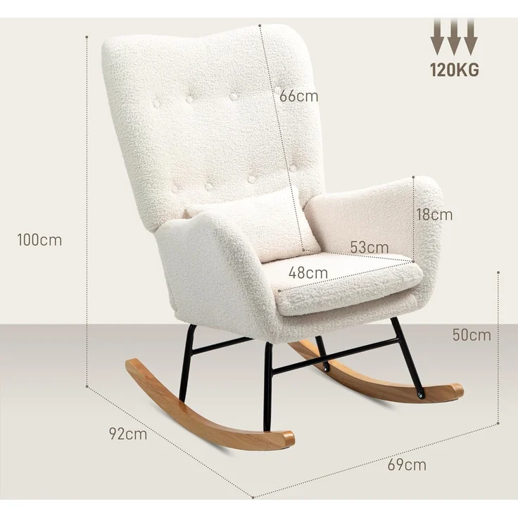 HOMCOM Schaukelstuhl Schaukelsessel mit Armlehne, Teddystoff-Optik (Relaxsessel Schwingsessel, 1 St), für Wohnzimmer, Schlafzimmer, Cremeweiß – Bild 3