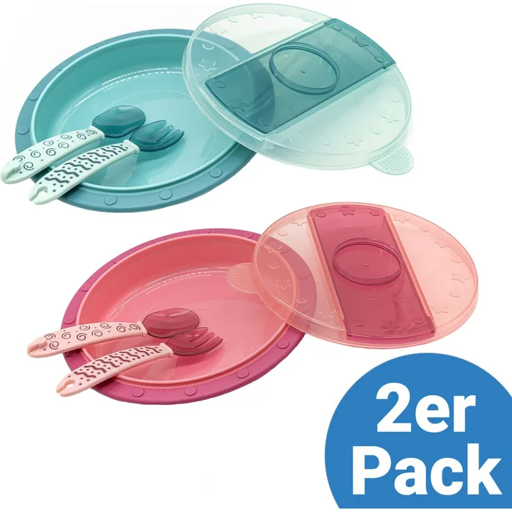 MiaMia Babyteller zum Mitnehmen, 2er Pack in Grün & Pink, inkl. Besteck, kindgerechte Größe, spülmaschinen- und mikrowellengeeignet