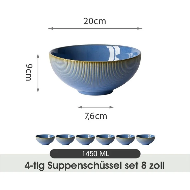 JIWOO Suppenteller 4/6er Ø20cm Speiseteller Salatteller Pastateller Teller Suppenschüssel, (6 St), Keramik Hochwertiges Tellerset Blau Mikrowellen- und spülmaschinenfest – Bild 2