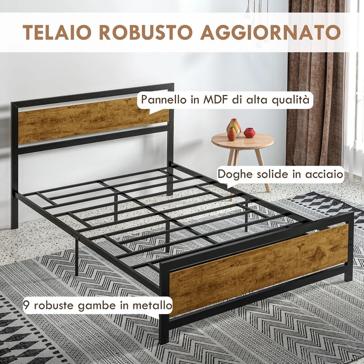 Bettgestell aus Holz und Stahl im Industrial-Stil mit Lattenrost,Schwarz, Rustikales Braun, 103 x 147 x 208 cm, Cecodadi – Bild 6