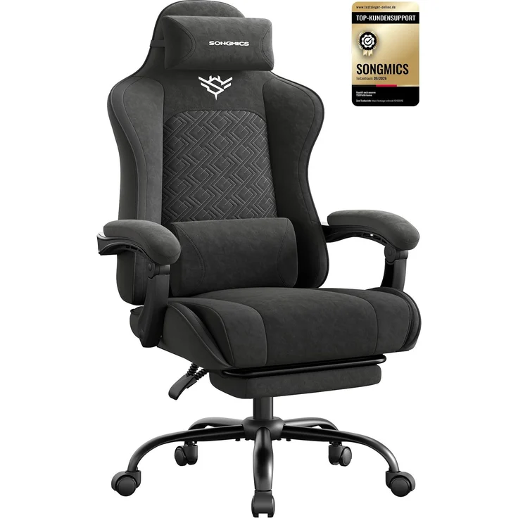 SONGMICS Gaming Stuhl Stoff, Bürostuhl, 150 KG Belastbar, Tintenschwarz | ergonomischer Gaming-Sessel, Schreibtischstuhl, mit Verbindungsarmlehnen und Fußstütze, CATHY Kollektion OBG079B401