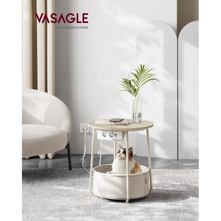 VASAGLE Beistelltisch rund, Kleiner Tisch, Couchtisch mit Steckdose, Wohnzimmertisch, Korb aus Stoff, Stauraum für Wohnzimmer Schlafzimmer, Nachttisch modern, naturbeige-cremeweiß LET228LL01 – Bild 2