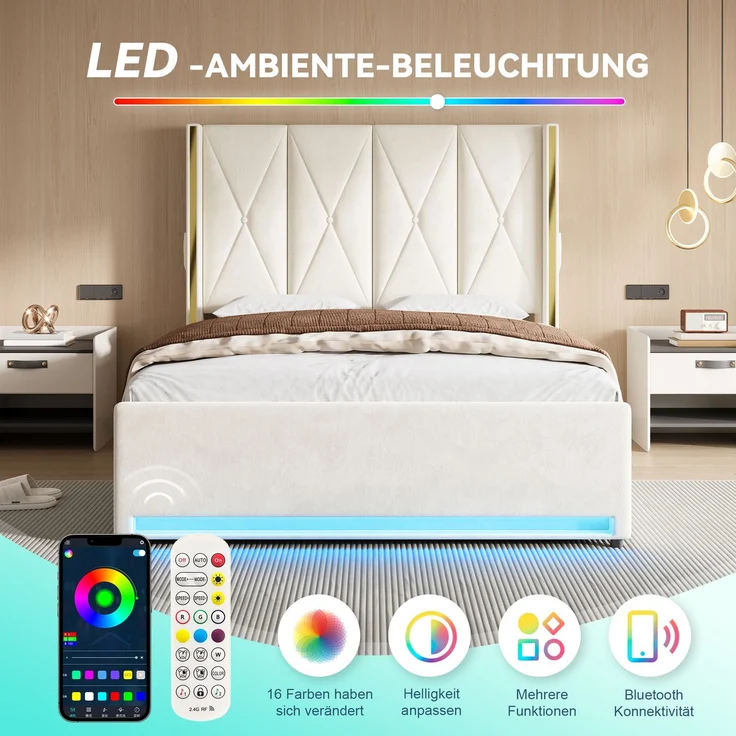 LVHOM Polsterbett mit Stauraum, Doppelbett mit LED, USB-Anschlüsse und Seitentaschen, Funktionbett, 160x200 cm, Beige – Bild 5