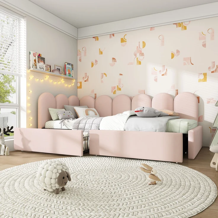 Daybed Rosa mit 2 Schubladen & Rückenlehne Samt Polsterbett 90x190 cm,Tagesbett Schlafsofa Gästebett,Stauraumbett – Bild 2