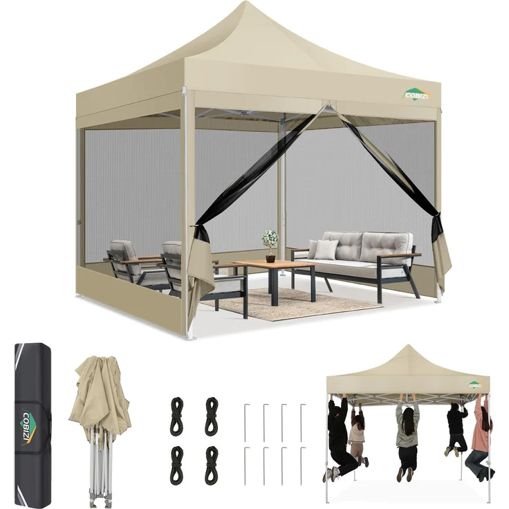 COBIZI Pavillon 3x3,Faltpavillon 3x3 Wasserdicht Stabil,Pavillon Faltbar Anti-UV mit Mesh-Seitenwände,Pavillion für Camping Events, Partyzelt Gartenzelt mit Tragetasche(3 mal 3m Khaki)