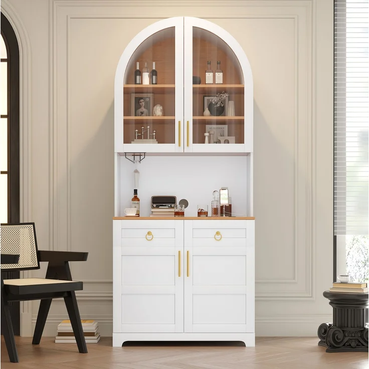 Hochschrank 80 x 40 x 180 cm in Weiß mit Glasvitrine, Schubladen und LED-Beleuchtung – Bild 4