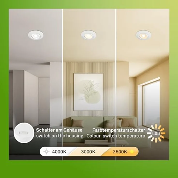 BRILONER - 3er Set LED Einbaustrahler 230V Gehäuse 50% recycelt, Dimmbar, Schwenkbar, Ra90, Farbtemperaturwechsel, LED Spot, flach, Deckenspots, Einbauleuchten, 68mm, 90x24mm (DxH), Weiß – Bild 5