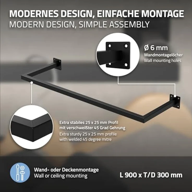 ML-Design 2er Set Kleiderstange Rechteck, T30cm x B90cm, Schwarz, aus Stahl, U-Form, Wandmontage, inkl. Montagematerial, belastbar bis 50 kg – Bild 3