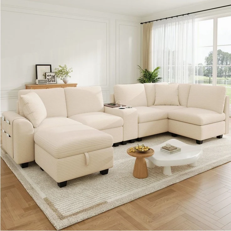 Merax Ecksofa mit USB & Type-C, L-/U-Form Sofa aus Cordstoff, Modulares Ecksofa 311 x 139 x 85 cm 1 Teile, 6-Sitzer-Sofa mit Ottomane, Mittelkonsole, Getränkehalter & Stauraum – Bild 2