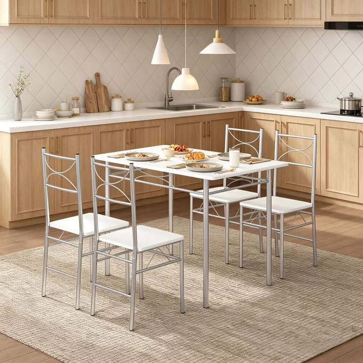 Modern Design Esszimmer Tisch und Essstühle,Fashionable Essmöbel Set,Balkon Essmöbel Set,Bistro Essmöbel Set(nur mit Esstisch und die Essstühle)--Silber + Weiß--70x110x76cm--YOUDENOVA – Bild 4