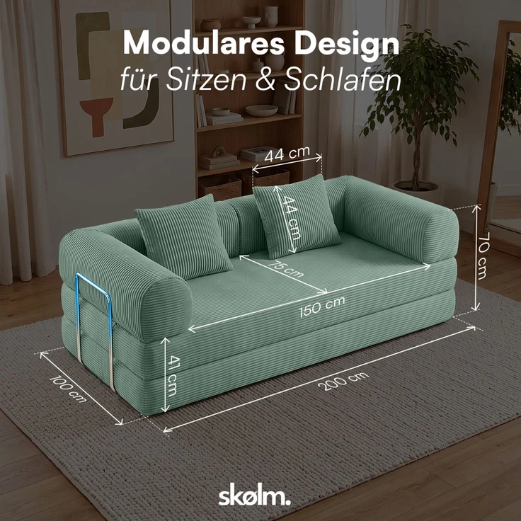 skølm 'Lofn' Modulares Sofa 2 Sitzer, 200x100 cm, Vollschaumcouch mit Metallgestell, Cord salbeigrün, Schlafsofa vakuumverpackt, kein Aufbau erforderlich – Bild 9