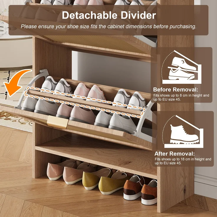 ZUBALIYA Schuhschrank (65 x 25 x 106 cm), 2 Klappfächer und 2 Schubladen, Fronten in Flechtoptik, Aus Spanplatte, Naturfarben – Bild 10