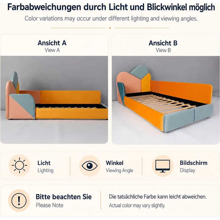 TavilaEcon Polsterbett Weiches Bodenbett mit gepolstertem Kopfteil & Fallschutz Blau+Pink+Orange Liegefläche 90 × 200 cm – Bild 7