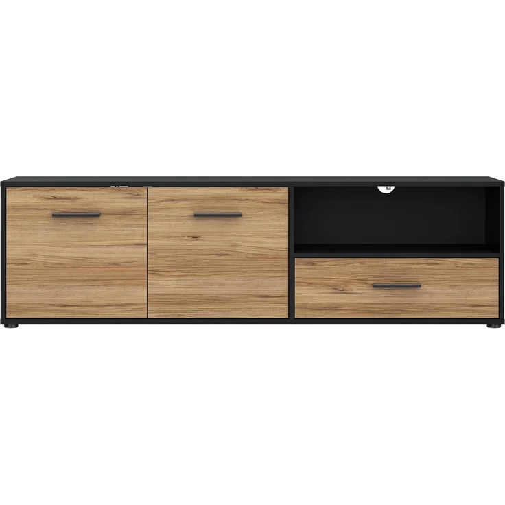 Forte MOKKARO TV-Unterschrank L 160, Lowboard mit Schublade und 2 Schranktüren, Holzwerkstoff, Mauvella Eiche Dekor/Schwarz, 159,4 cm breit, 46,5 cm hoch, 42 cm tief – Bild 2