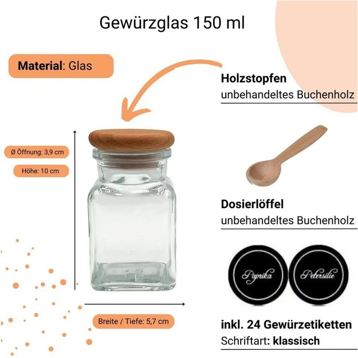 mikken Gewürzbehälter 8 Gewürzgläser 150 ml eckig mit Holzdeckel + 24 Etiketten + Löffel, Mit Holzdeckel, Dosierlöffel, und Gewürzetiketten – Bild 2