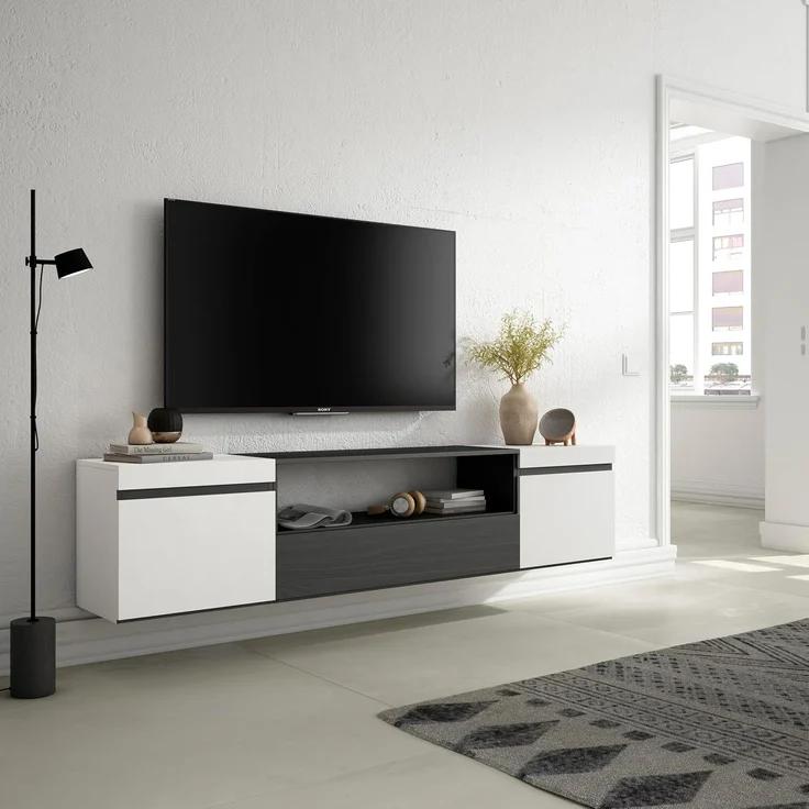 Skraut Home | TV-Schrank, Lowboard | für Wohnzimmer und Esszimmer | 200 x 45 x 35 cm | Für TV-Geräte bis zu 80" | Hängend | Moderner Stil | Weiß und Schwarz – Bild 2