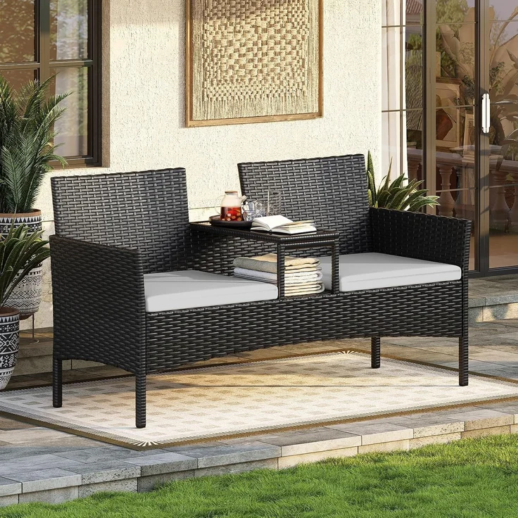 Aoxun 2-Sitzer-Gartenbank aus Rattan, extrabreite Outdoor-Zweisitzerbank mit seitlichem Ablagetisch 144x62x80cm, bequemes Terrassenmöbel-Set mit Kissen und Regenschutz für Garten, Balkon, Hellgrau – Bild 1