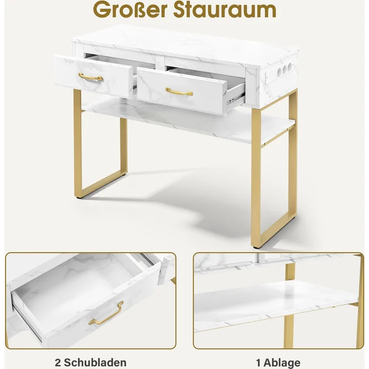 BarberPub Friseurtisch mit 2 Schubladen & Offener Ablage, Schreibtisch Marmor-Weiß Gold, Schminktisch ohne Spiegel, Friseurplatz für Friseursalon, Computertisch Schlafzimmer, 40x100x80cm, 3579 – Bild 5