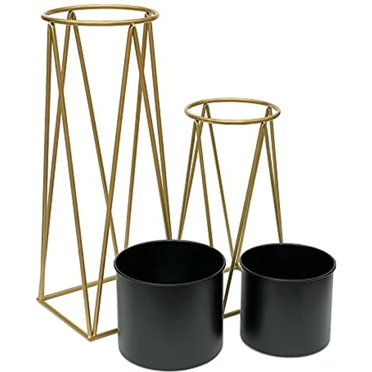 DanDiBo Blumenhocker mit Topf Metall Gold Schwarz 2er Set Blumenständer 96046 Blumensäule Modern Pflanzenständer Pflanzenhocker – Bild 4