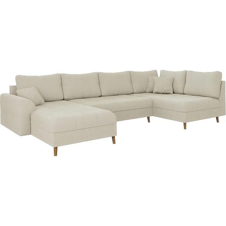S-Style Möbel Wohnlandschaft Zara mit Braun Holzfüßen im skandinavischen Stil aus Cord-Stoff, Ottomane links oder rechts bestellbar, mit Wellenfederung