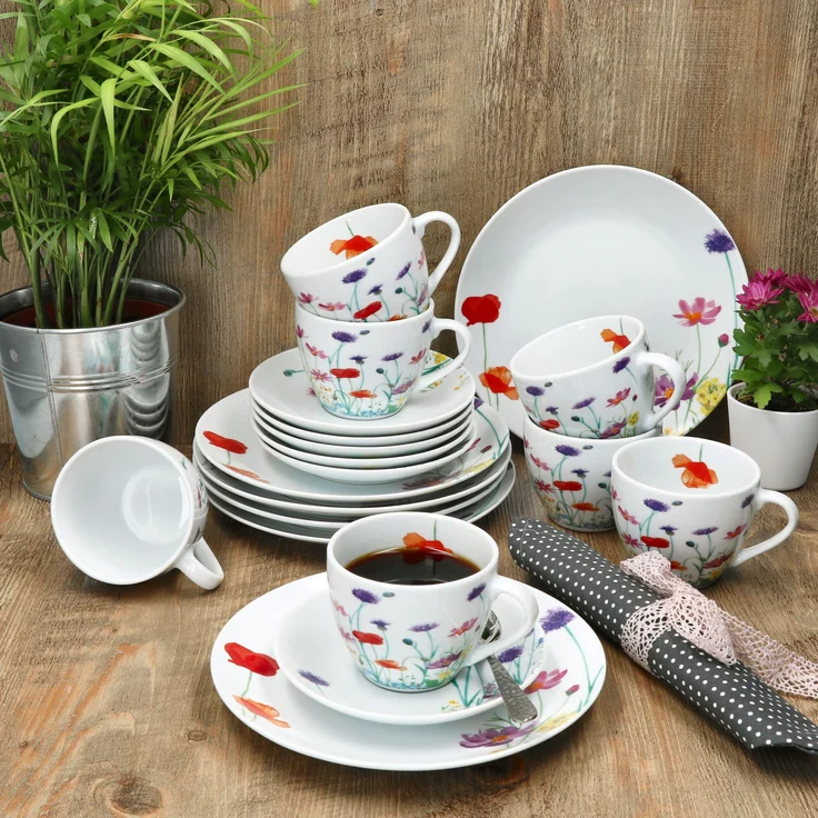 18tlg Kaffeeservice Marie Porzellan 6 Personen Tassen Untertassen Teller Blumen – Bild 6