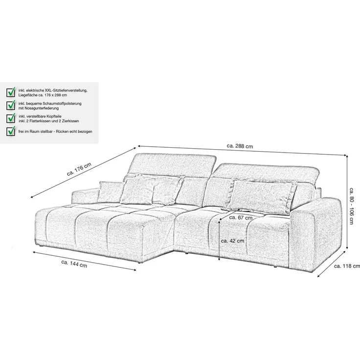Massivart® Ecksofa Bouclé Bezug / 288 cm / elektrische Sitztiefenverstellung / BROOK, Kopfteilverstellung · Nosagunterfederung · frei im Raum stellbar
