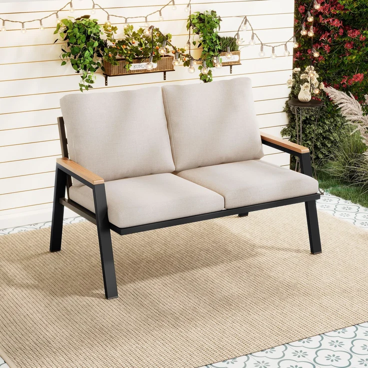 Merax Gartenmöbel-Set, Outdoorsofa, 2-Sitzer-Sofa, Handläufe aus Holz-Kunststoff-Verbundwerkstoff, Industriestil, graubeige – Bild 1