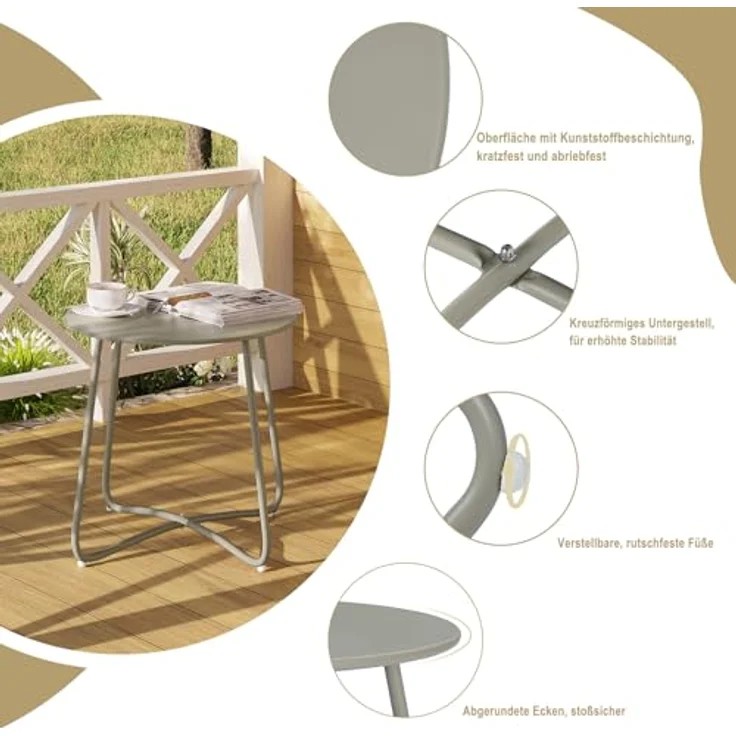 eSituro Beistelltisch rund, Balkontisch Gartentisch, Kaffeetisch Couchtisch Sofatisch Wohnzimmertisch, Kleiner Tisch für Wohnzimmer Balkon Terrasse Garten, aus Metall, φ45xH45 cm, Grau – Bild 5