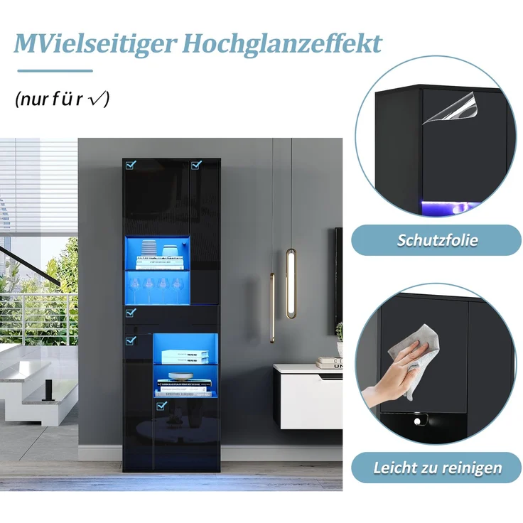 55*38*170cm Verkaufsvitrine, Hochschrank mit 1 Schublade und 4 Schränken,Glasvitrine Vitrinenschränke mit led , Vitrinen Mit Hochglanz-Design,Wohnzimmerschränke, Vitrinen, Schaukästen,Schwarz – Bild 5