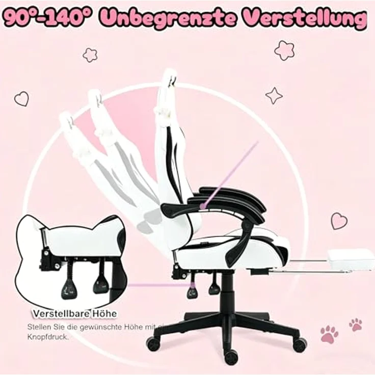 Dowinx Gaming Stuhl - Süße Hund Edition - Ergonomischer Computerstuhl mit Hoher Rückenlehne und Lendenwirbelstütze, PU-Leder, Fußstütze, Weiße Hund – Bild 8