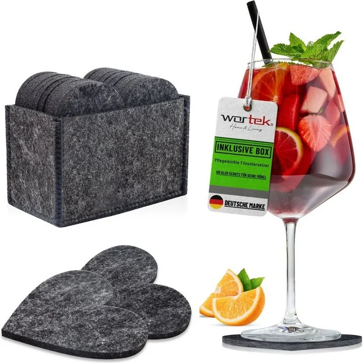 wortek Getränkeuntersetzer Filz-Untersetzer Herz für Gläser 10er Set + Box, Zubehör für Tisch & Gläser, Set, 10-tlg, waschbare Getränke Glasuntersetzer Gläser, Tischuntersetzer Filz 10 cm – Bild 1